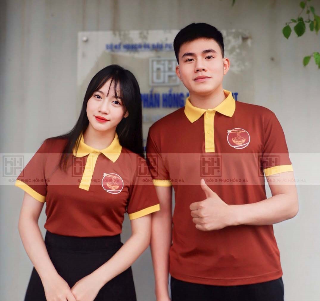 Đồng Phục Polo Quán Ăn Màu Nâu Phối Vàng