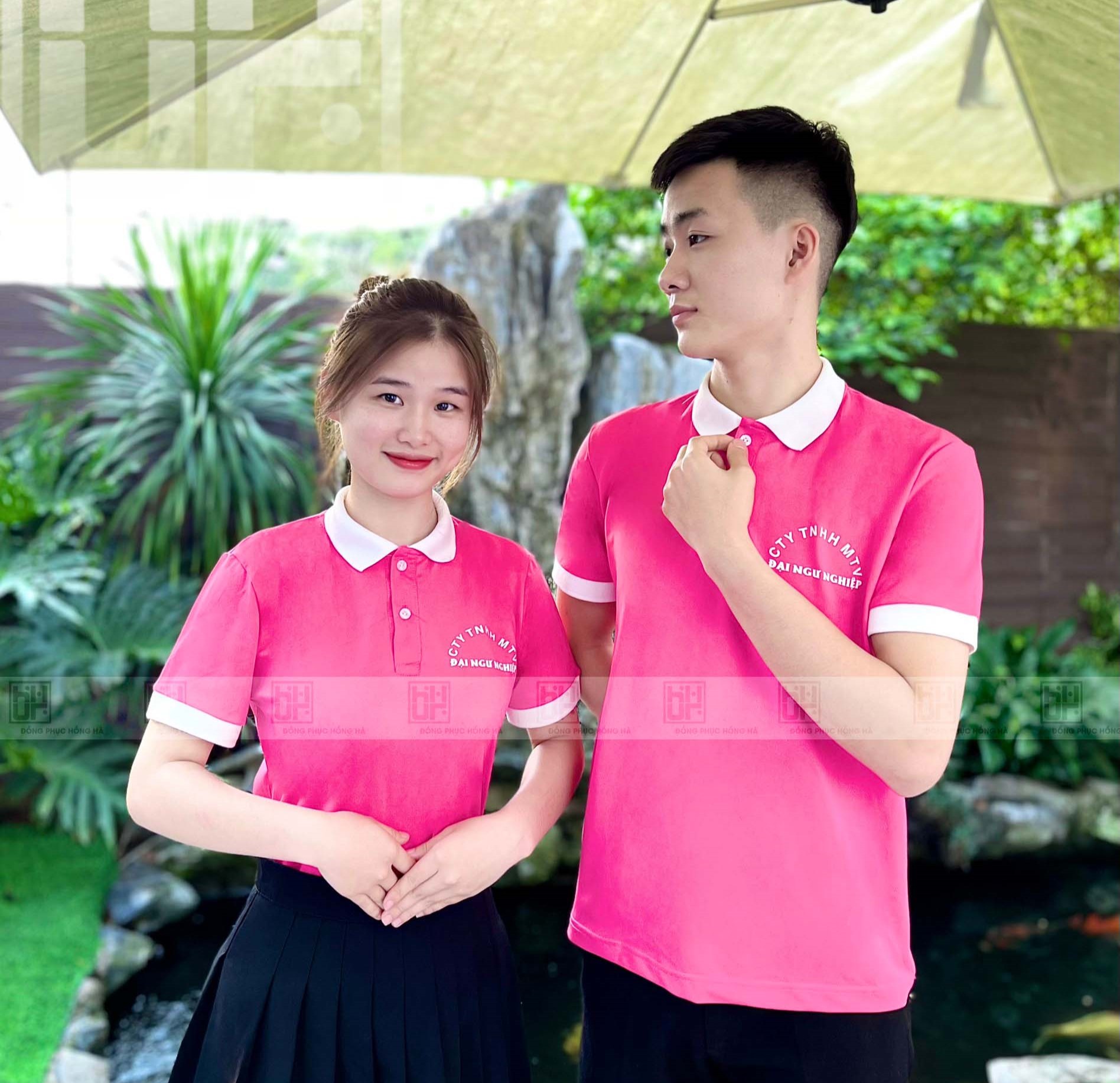 Đồng Phục Polo Màu Hồng Cánh Sen Phối Trắng