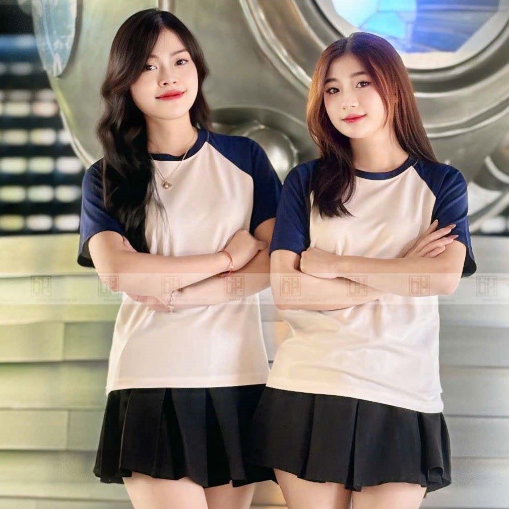 Áo thun đồng phục raglan nữ phối màu trắng xanh trẻ trung