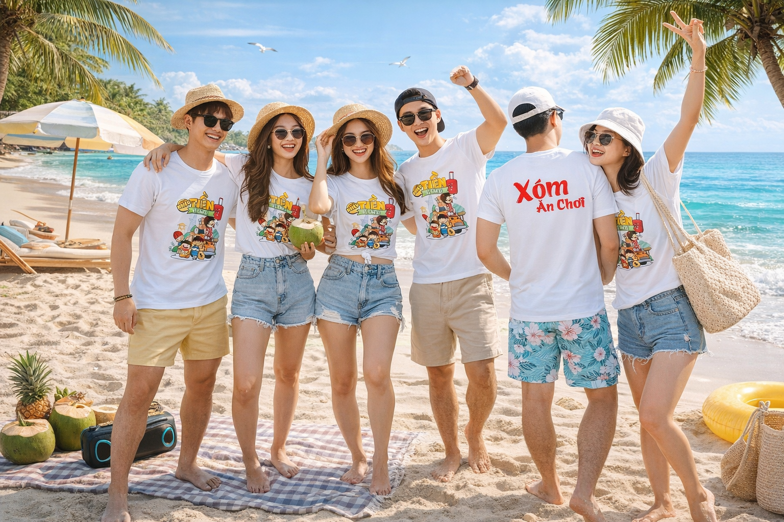 Tập thể nhóm mặc áo đồng phục khi tham gia chuyến du lịch