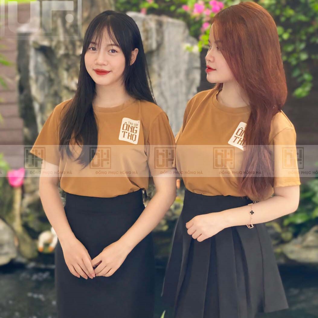 Áo thun đồng phục nữ màu nâu trẻ trung, thiết kế đơn giản, phù hợp môi trường làm việc và dịch vụ