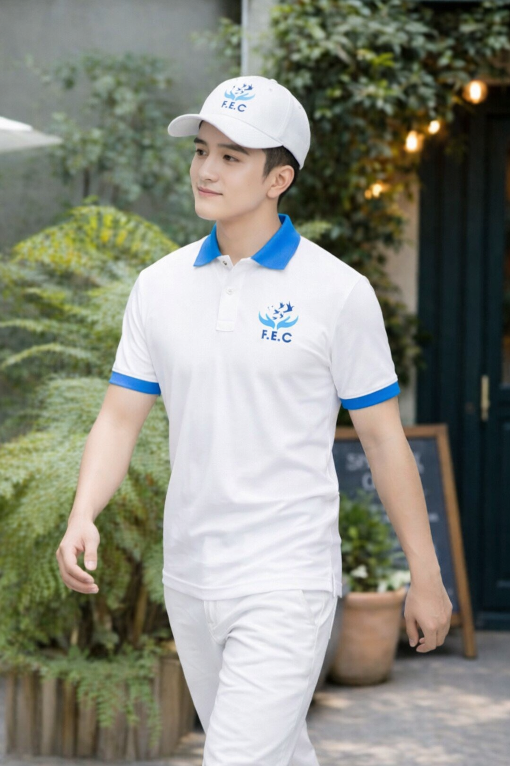 Mẫu áo polo đồng phục nhân viên công ty màu trắng phối xanh