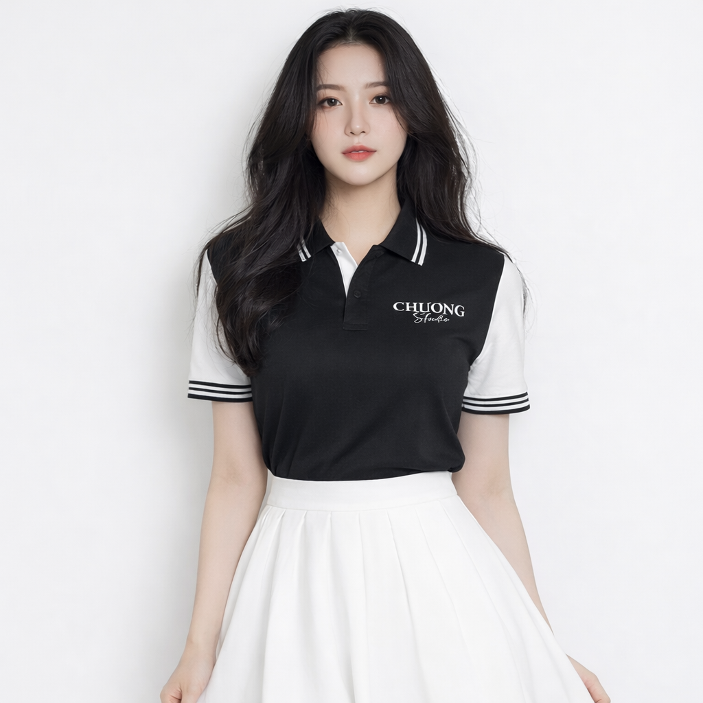 Áo polo đồng phục studio màu đen phối trắng thiết kế hiện đại