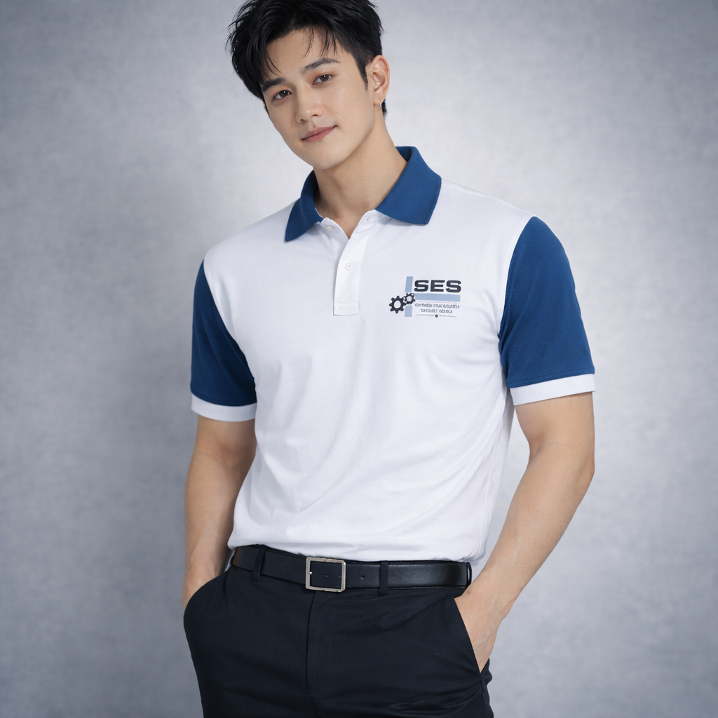 Áo polo đồng phục công ty màu trắng phối xanh đẹp