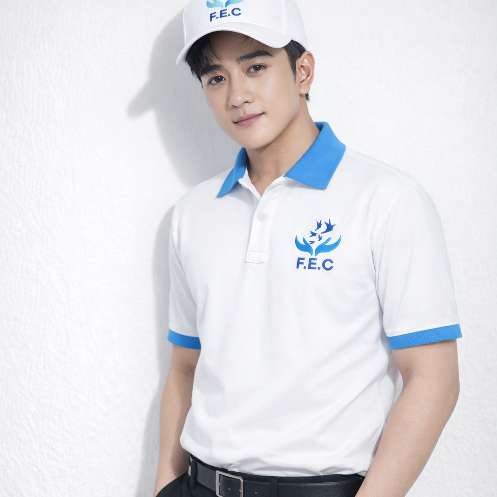 Mẫu áo polo đồng phục nhân viên công ty màu trắng phối xanh