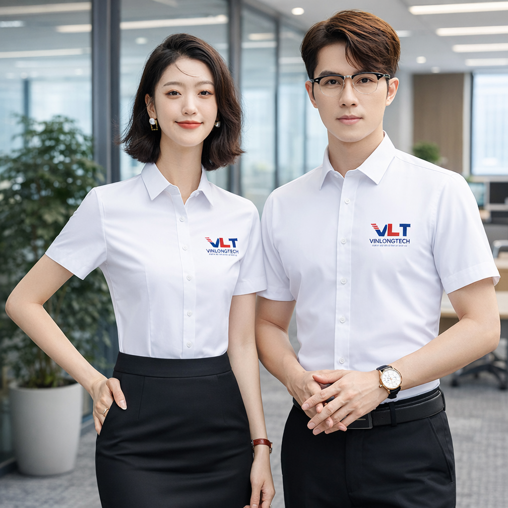 Mẫu áo sơ mi đồng phục công sở màu trắng thanh lịch cho nhân viên văn phòng