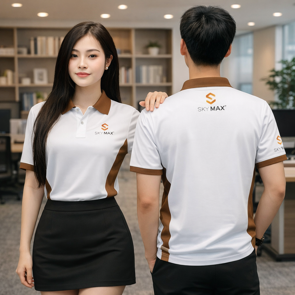 Cận cảnh vị trí in thêu logo trên ngực áo và lưng áo đồng phục doanh nghiệp