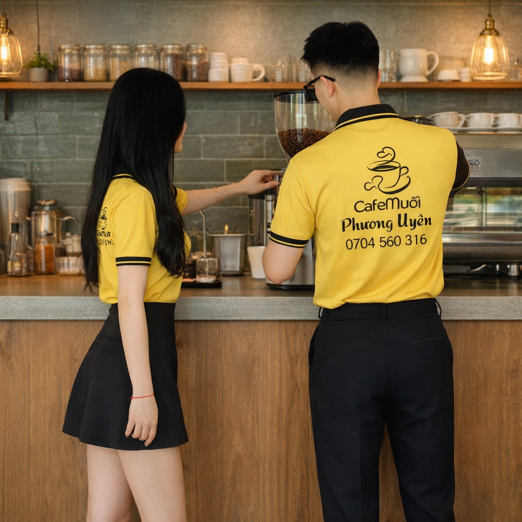 Mẫu đồng phục cafe muối Phương Uyên màu vàng phối đen chuyên nghiệp