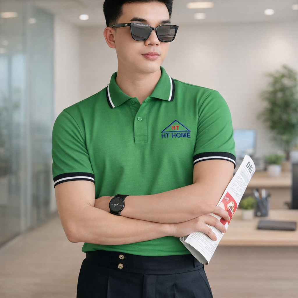 Kiểu cổ áo polo phối màu đen trắng tinh tế trên áo xanh