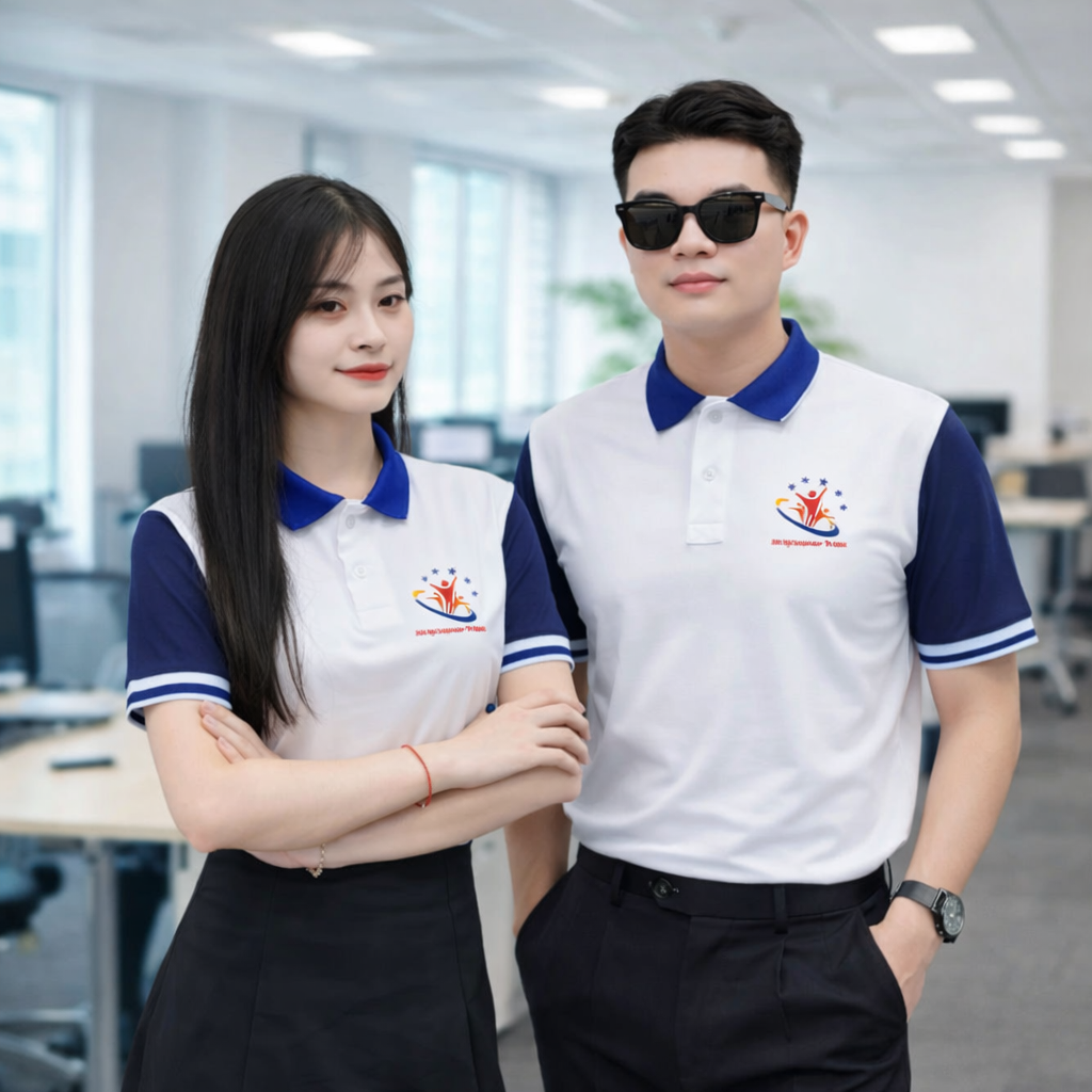 mẫu áo polo phối màu trắng xanh