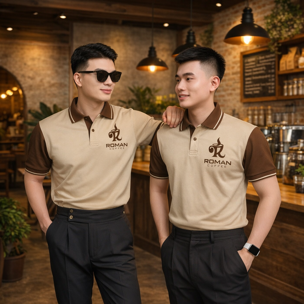 Đồng phục nhân viên Roman Coffee polo màu be với logo in sắc nét