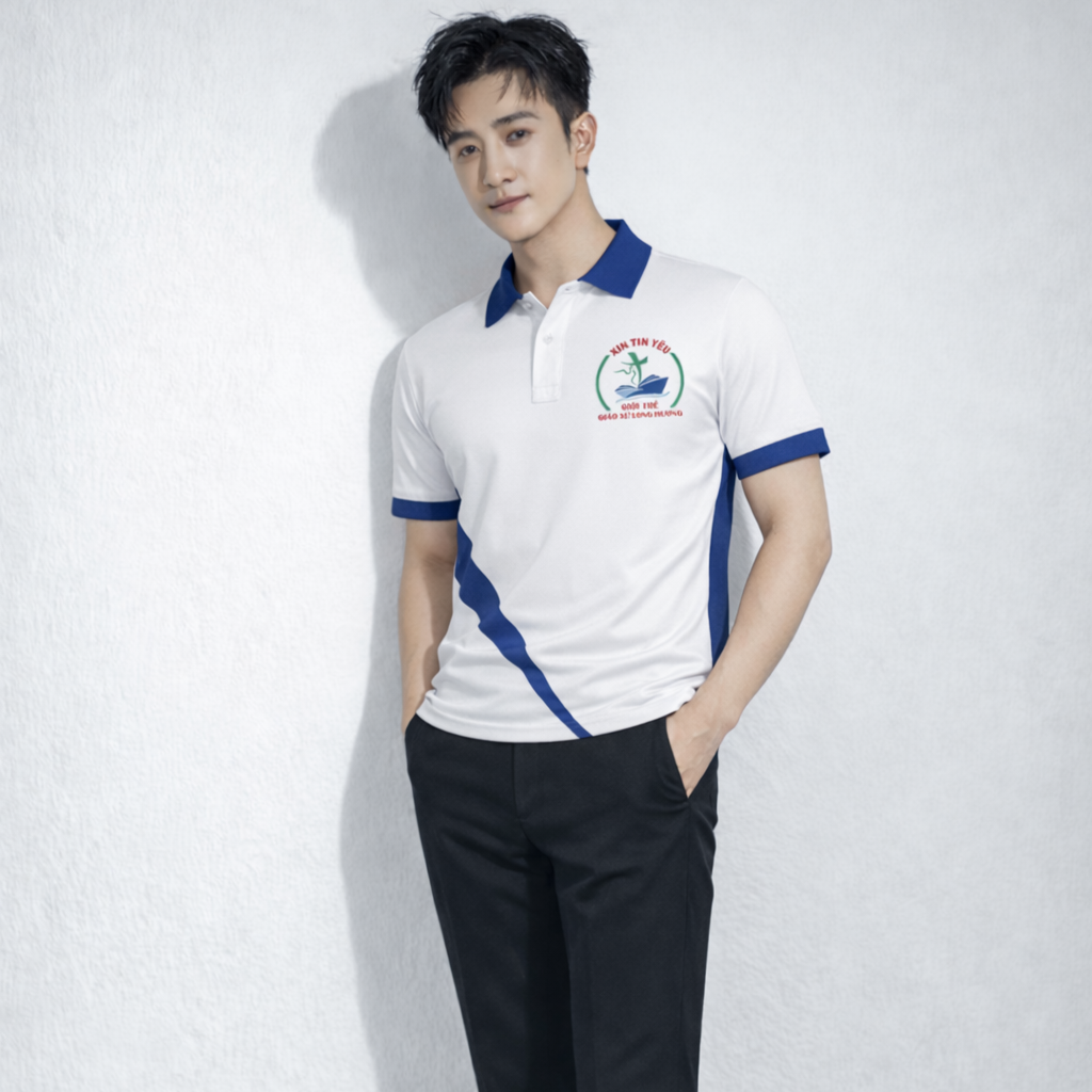 Áo polo đồng phục giáo xứ thiết kế trắng xanh trang nhã