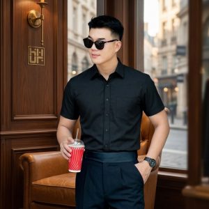 Mẫu áo sơ mi nam ngắn tay màu đen