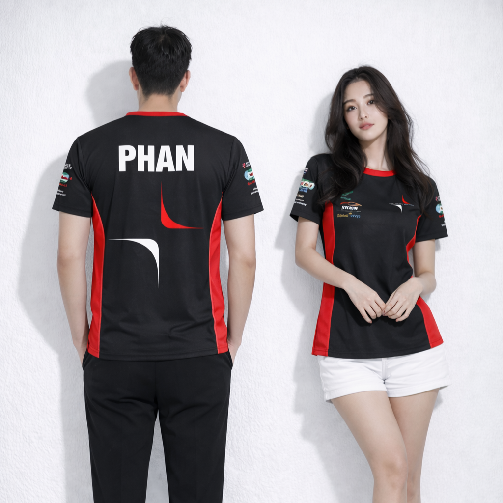 Áo đồng phục thể thao đen đỏ thiết kế năng động cho đội nhóm