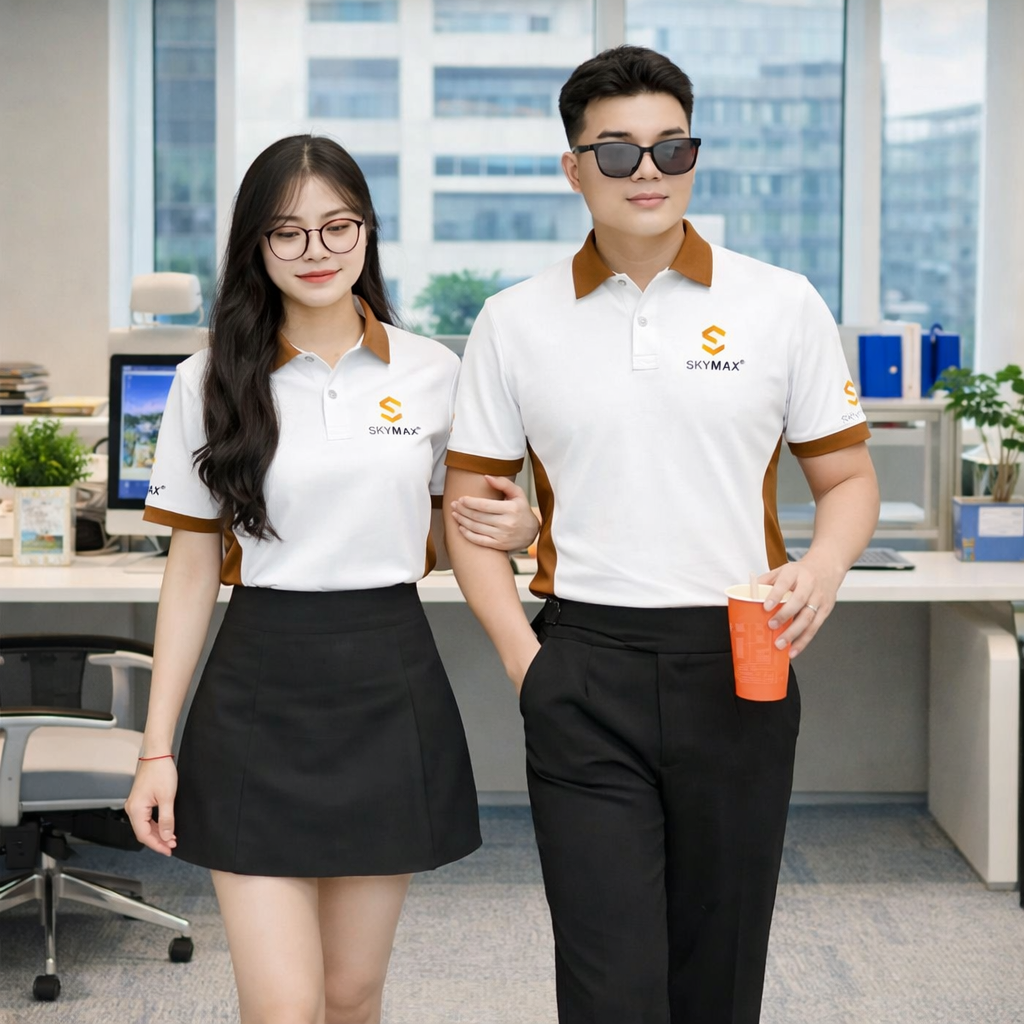 Thiết kế mẫu áo polo đồng phục công ty phối màu trắng và nâu thanh lịch
