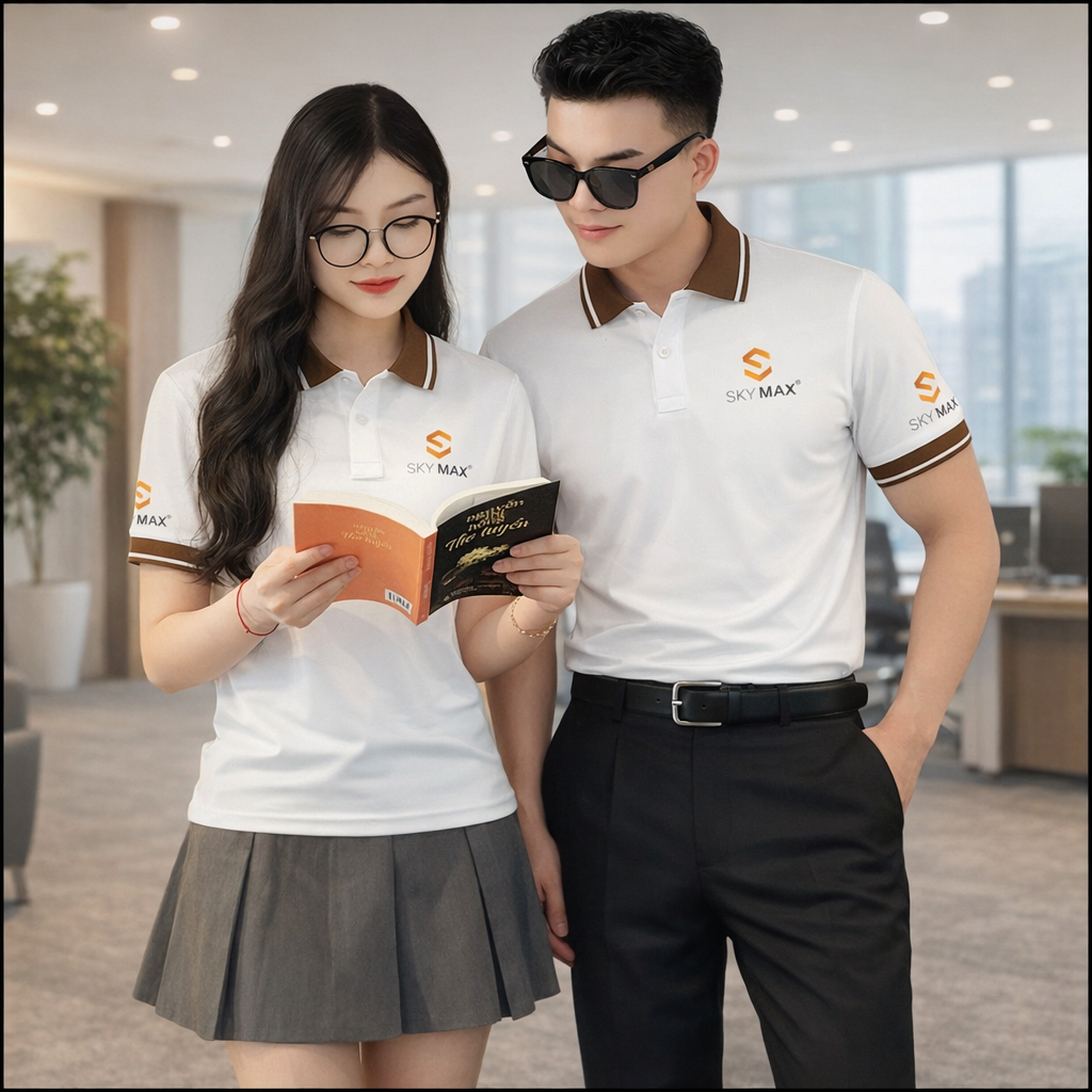 Cận cảnh vị trí in thêu logo trên ngực áo và lưng áo đồng phục doanh nghiệp