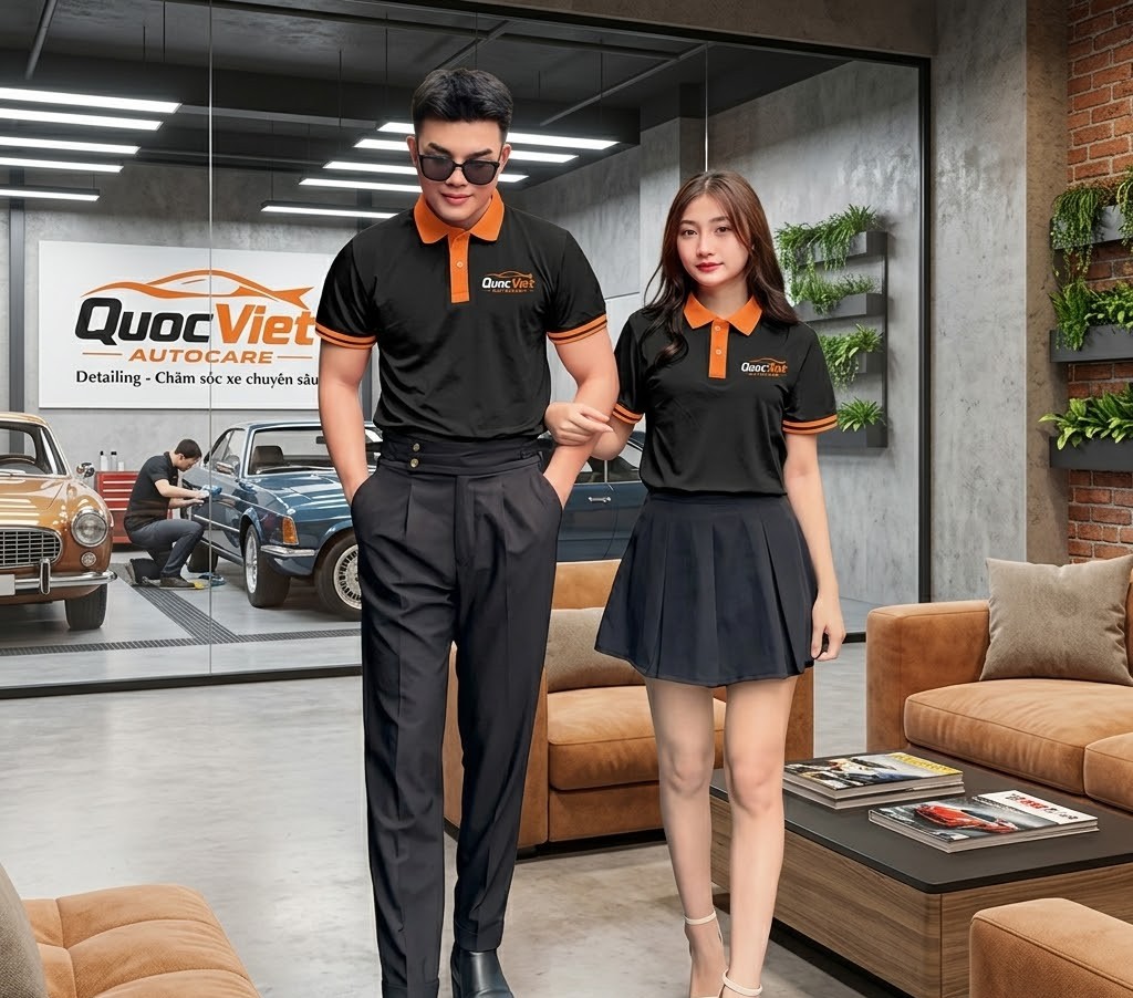 Mẫu áo polo đồng phục phối màu đen cam