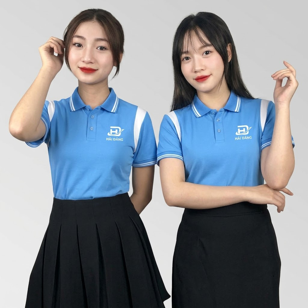 Áo polo in logo công ty màu xanh đẹp