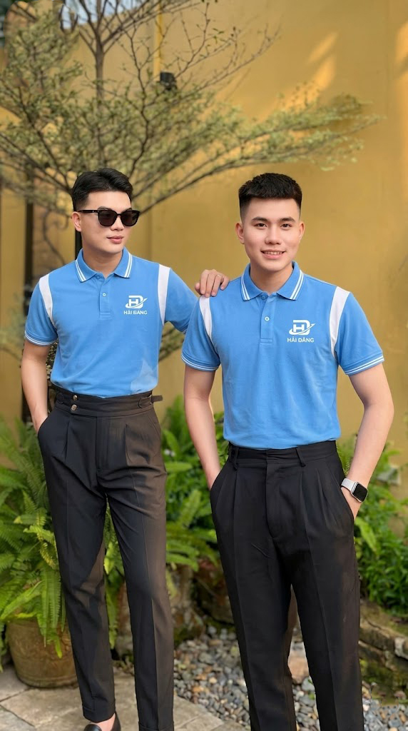 Áo polo xanh dương phối trắng trẻ trung