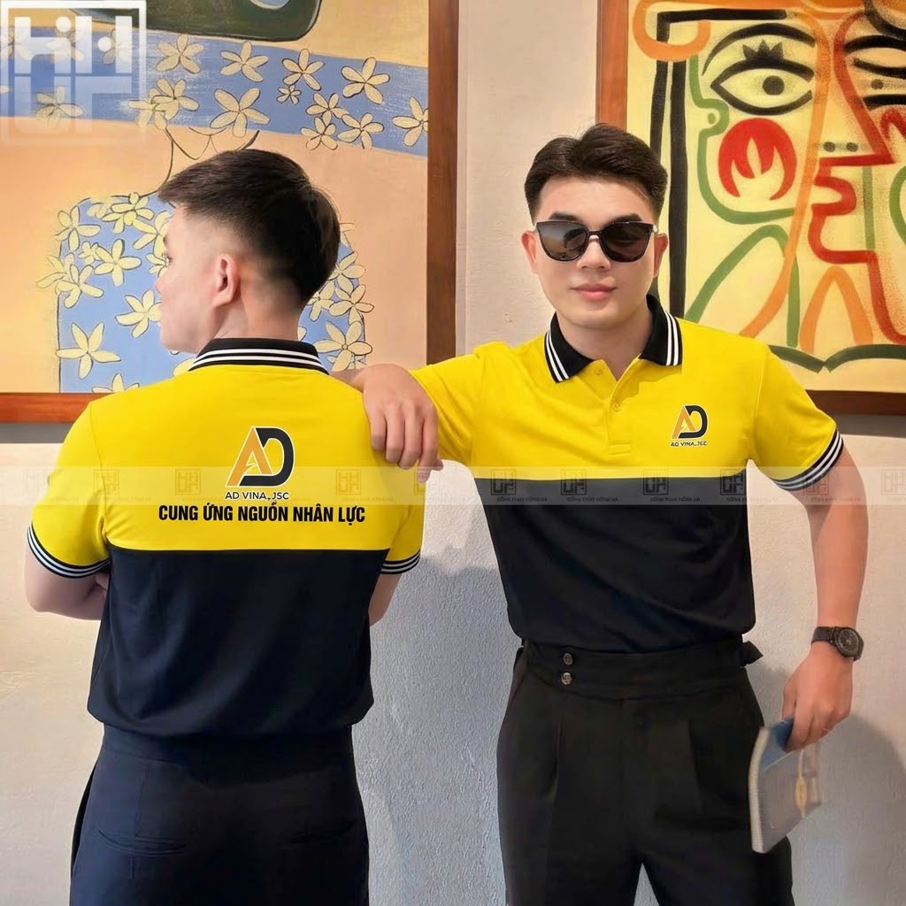 Áo thun công ty màu vàng nổi bật nhận diện thương hiệu