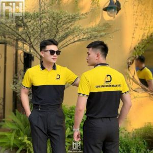 Đặt may áo thun đồng phục công ty màu vàng phối đen đẹp