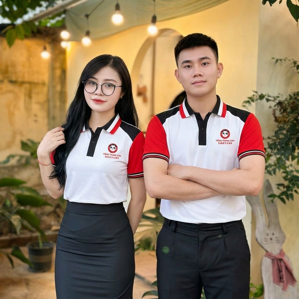 Áo thun có cổ trung tâm ngoại ngữ hiện đại