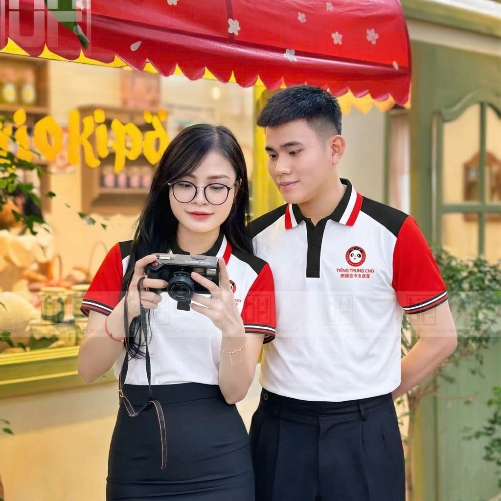 Áo polo phối màu đỏ đen trẻ trung
