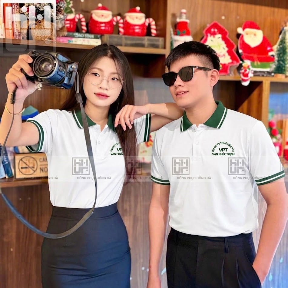 Mẫu áo polo đồng phục trắng  phối xanh nam nữ
