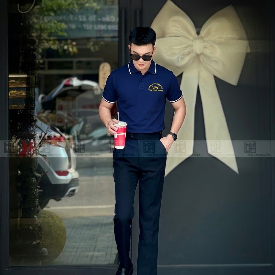 Mẫu áo polo đồng phục xanh than phối trắng đẹp 