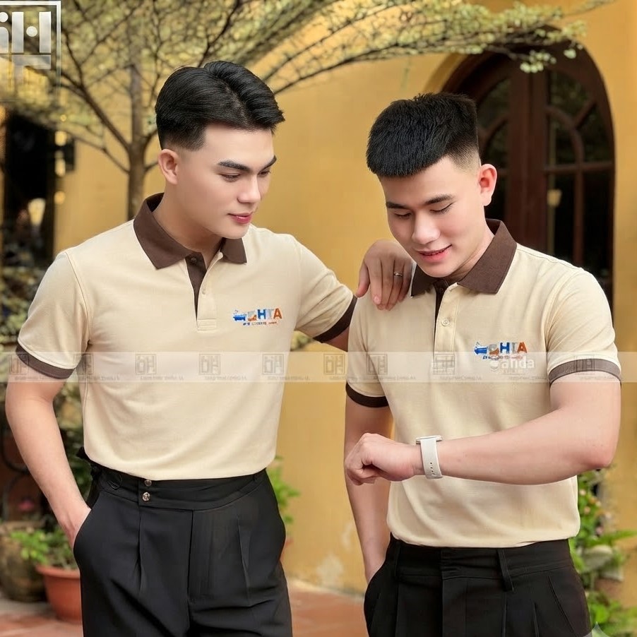 Mẫu áo polo màu kem phối cổ nâu cao cấp