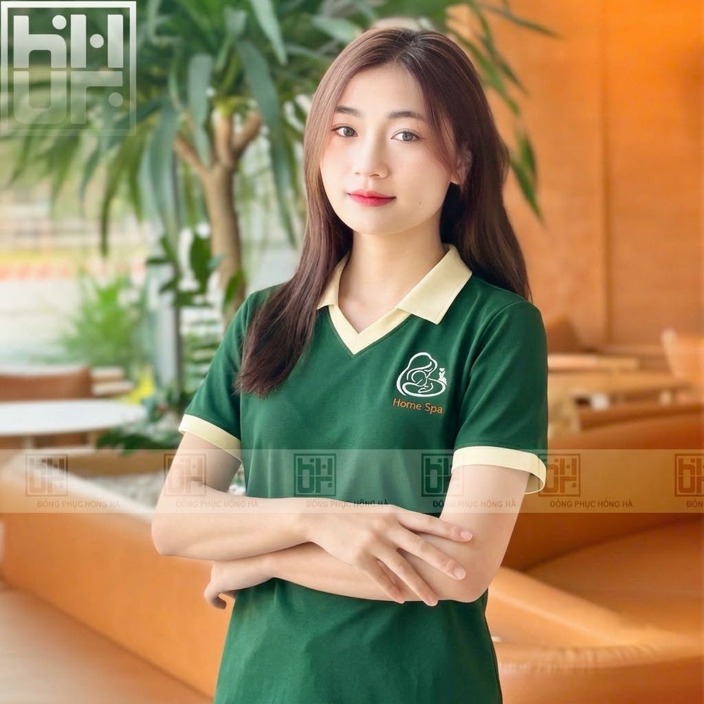 Mẫu áo trung tâm chăm sóc mẹ & bé màu xanh phối be