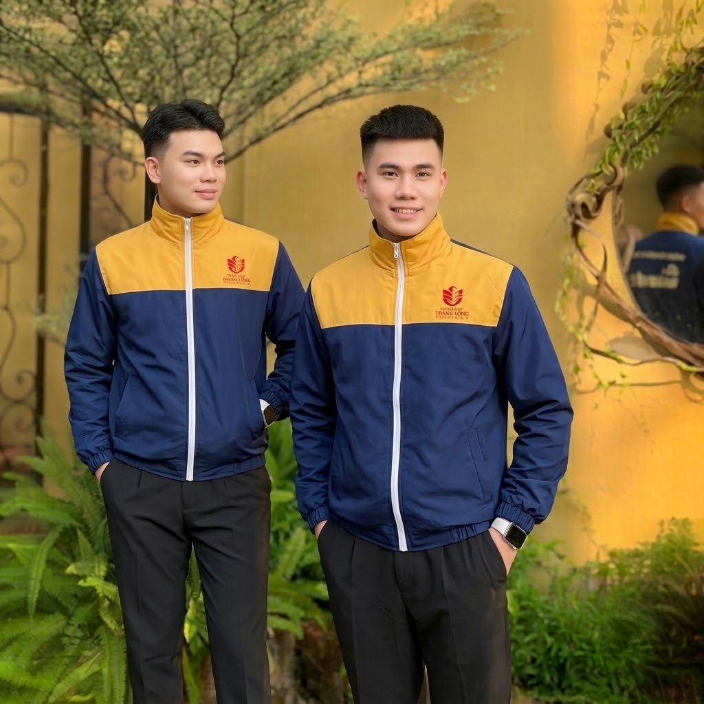 Mẫu áo khoác gió đồng phục màu xanh phối vàng