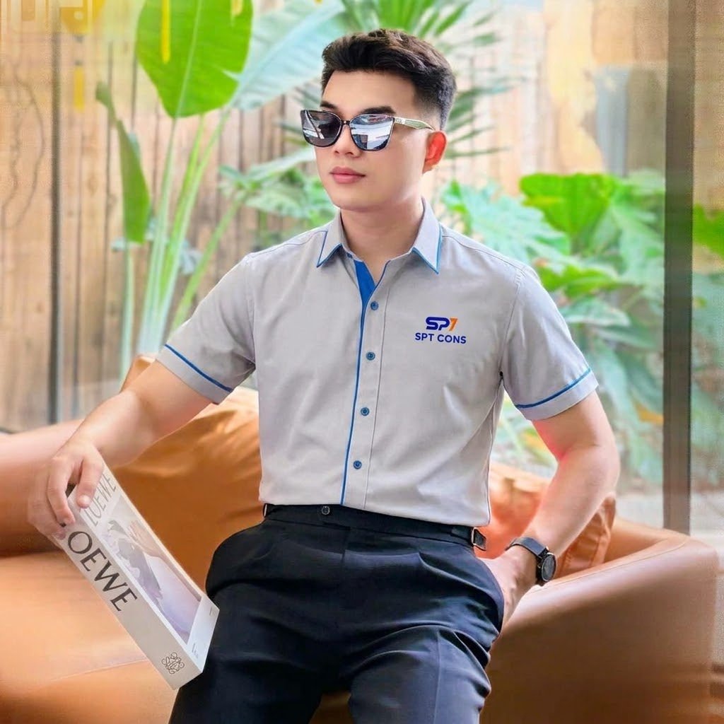 Mẫu áo sơ mi đồng phục màu xám phối xanh