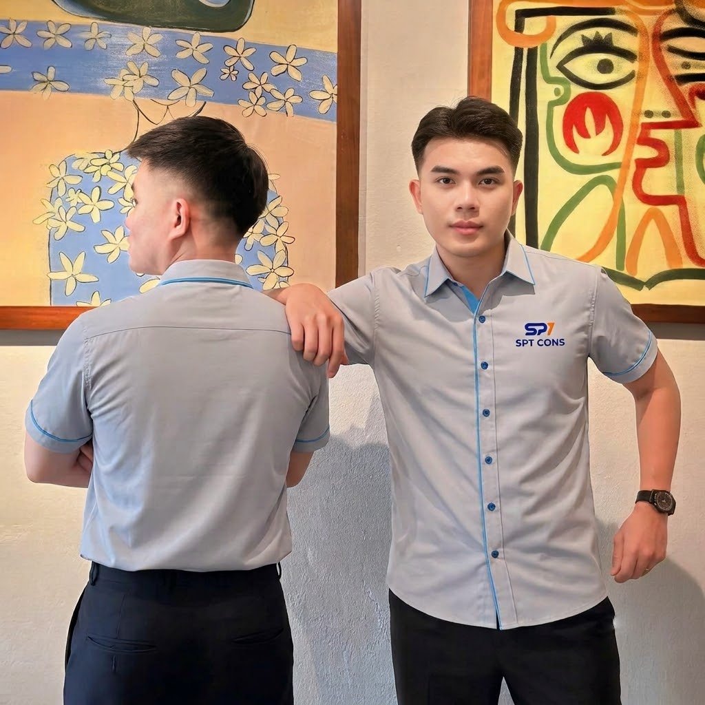 Mẫu áo sơ mi ngắn tay màu xám phối viền xanh
