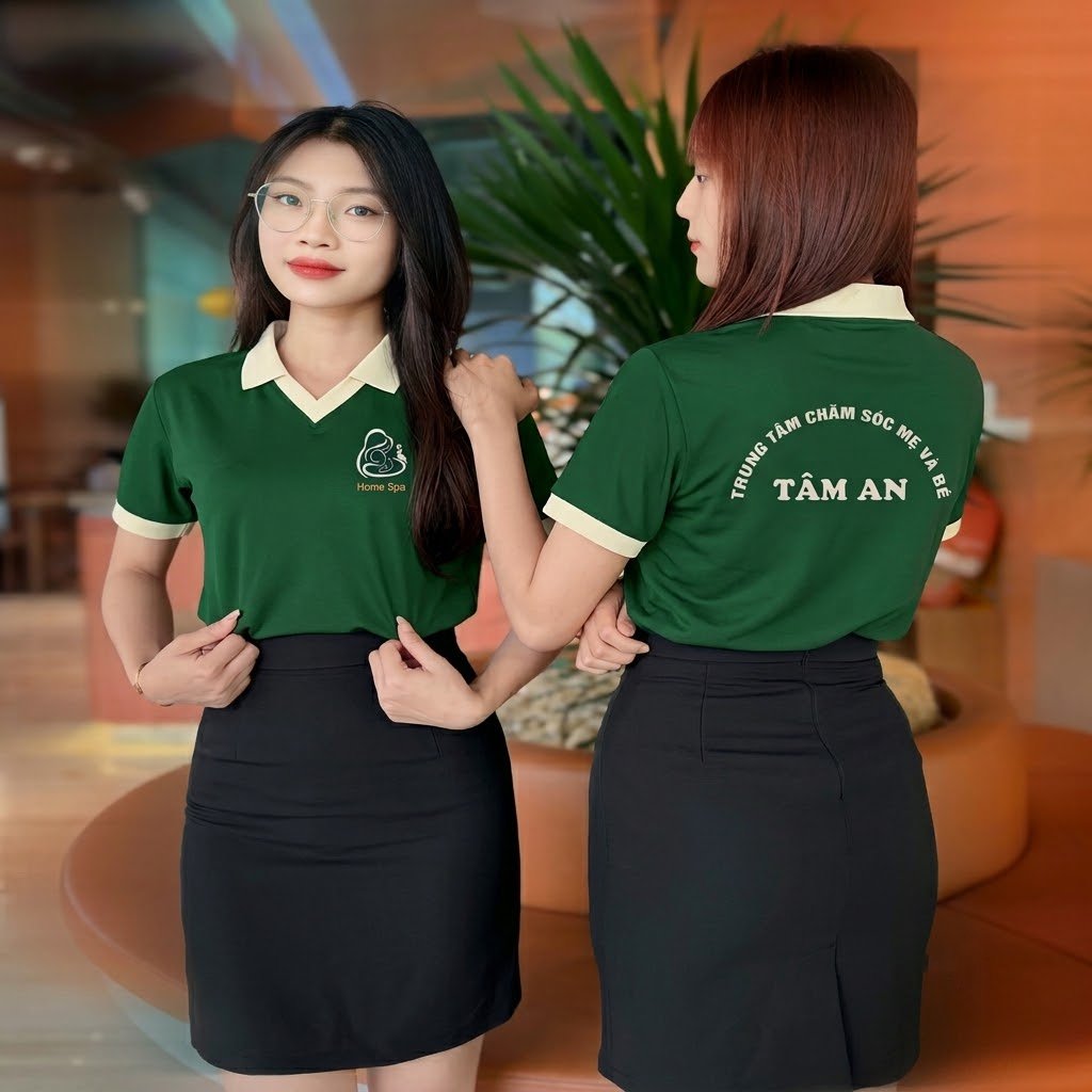 Mặt trước và sau mẫu áo spa màu xanh phối be