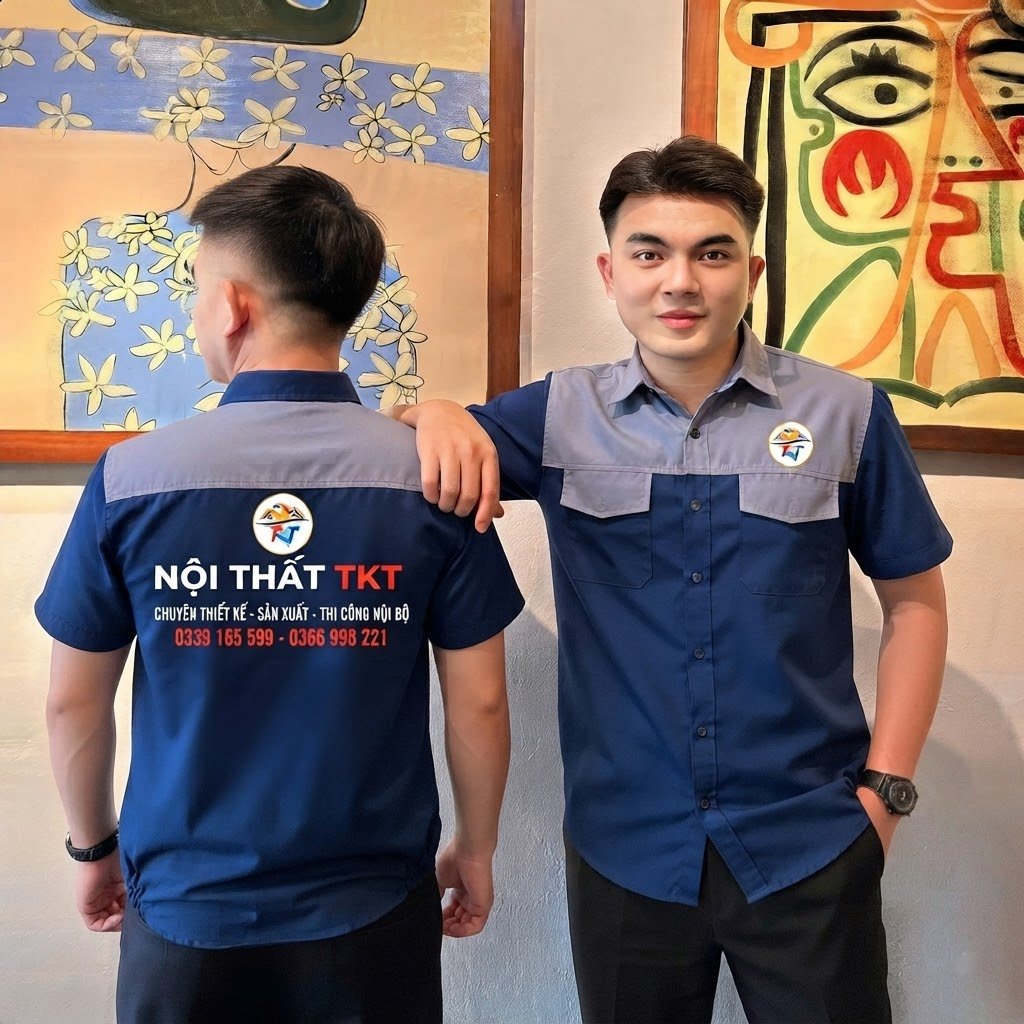 Mặt trước và sau của mẫu áo đồng phục công nhân