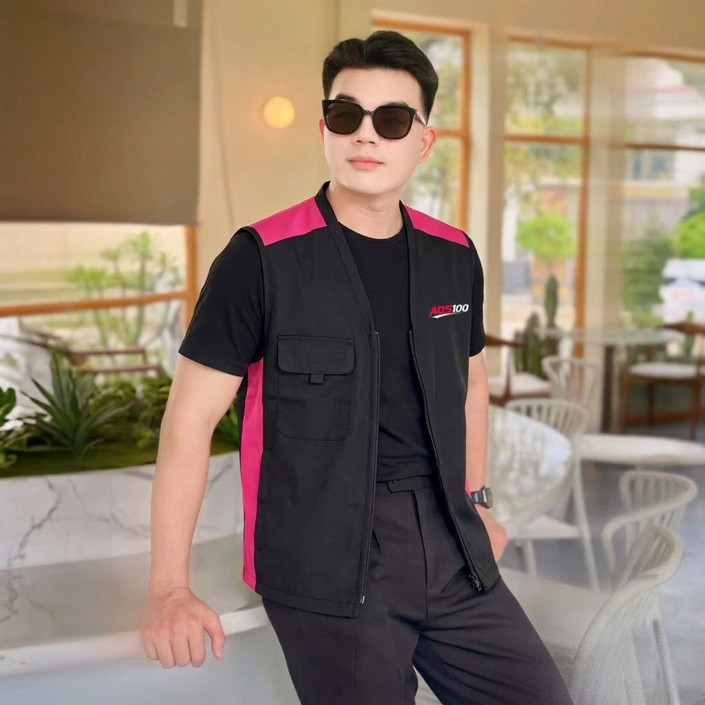 Mẫu áo gile đồng phục màu đen phối hồng 