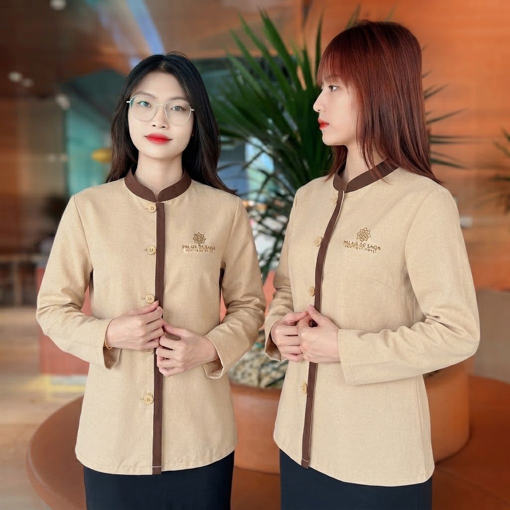Mẫu áo đồng phục khách sạn màu be viền nâu