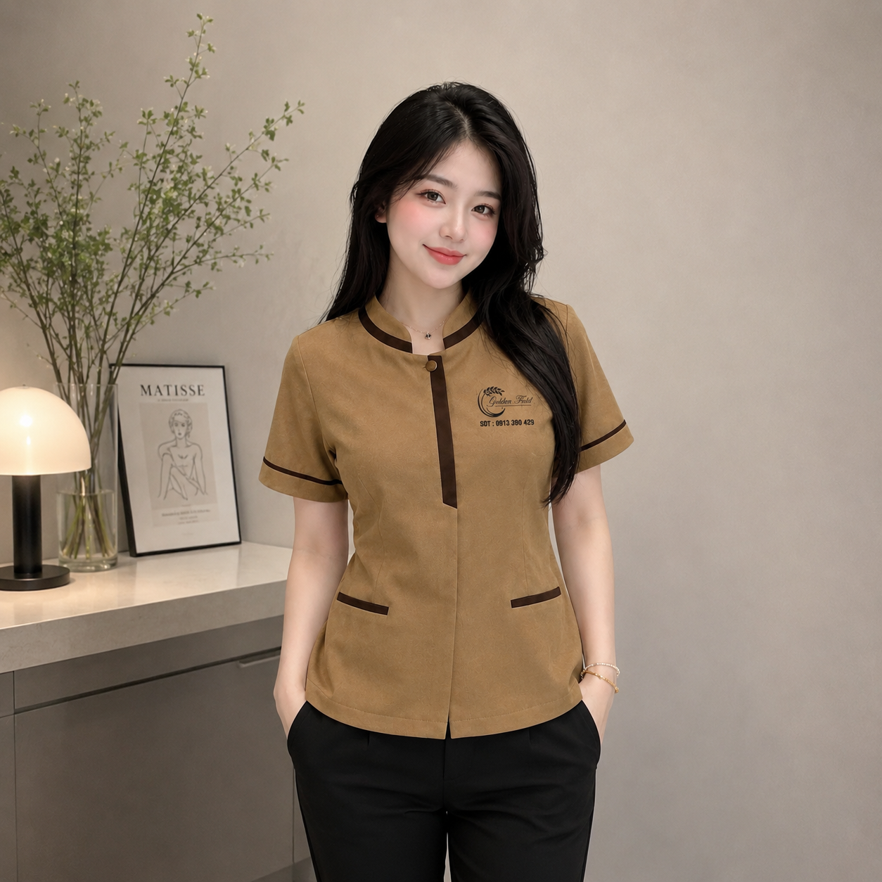 Mẫu đồng phục thẩm mỹ viện màu nâu đẹp hiện đại