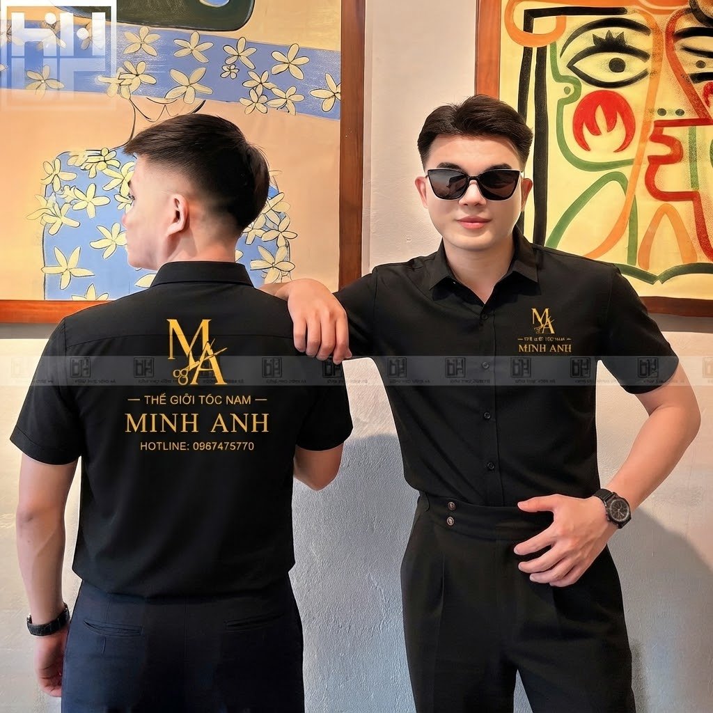 Mặt trước và sau mẫu áo salon tóc Minh Anh 