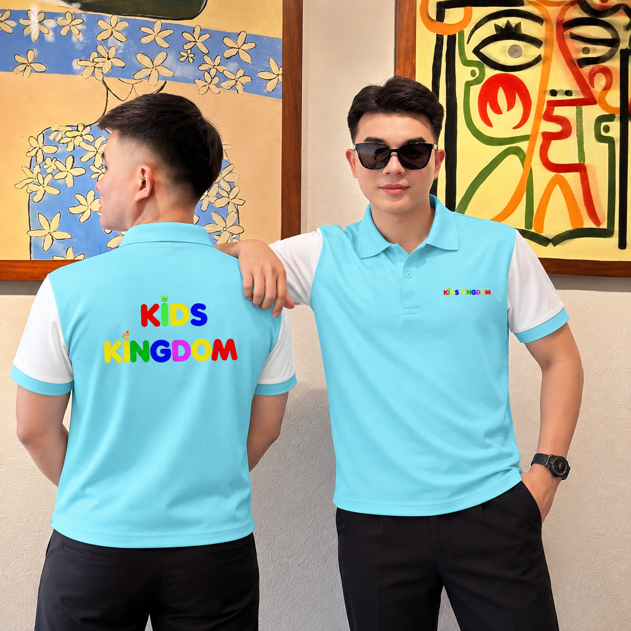 Mặt trước và sau mẫu áo polo xanh ngọc phối trắng