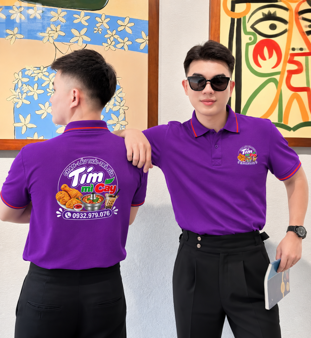 Mặt trước và sau của mẫu áo polo màu tím 