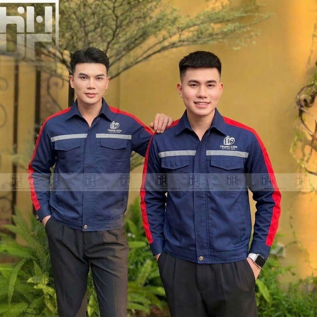 Mẫu áo bảo hộ lao động màu xanh phối đỏ