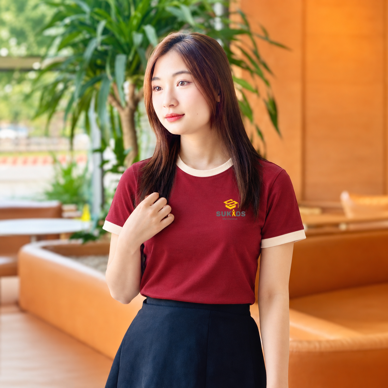 Mẫu áo thun cổ tròn két hợp với chân váy đen trẻ trung, hiện đại