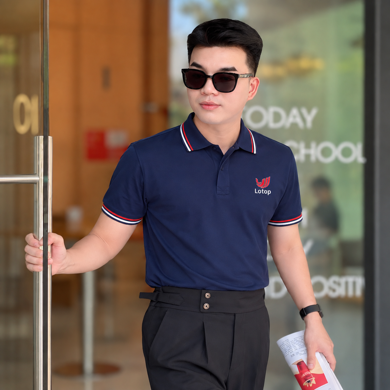 Mẫu áo polo kết hợp quần âu đen thanh lịch, hiện đại