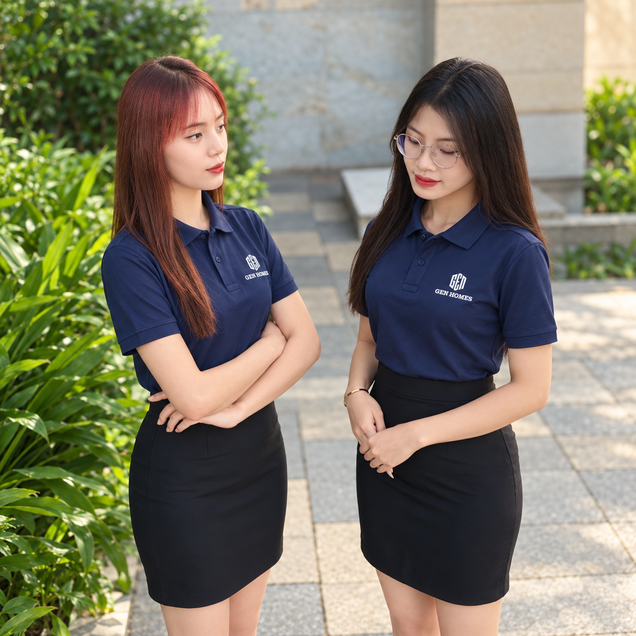 Hai nữ mẫu mặc áo đồng phục GEN HOMES xanh navy có logo trắng ở ngực trái, phối chân váy đen