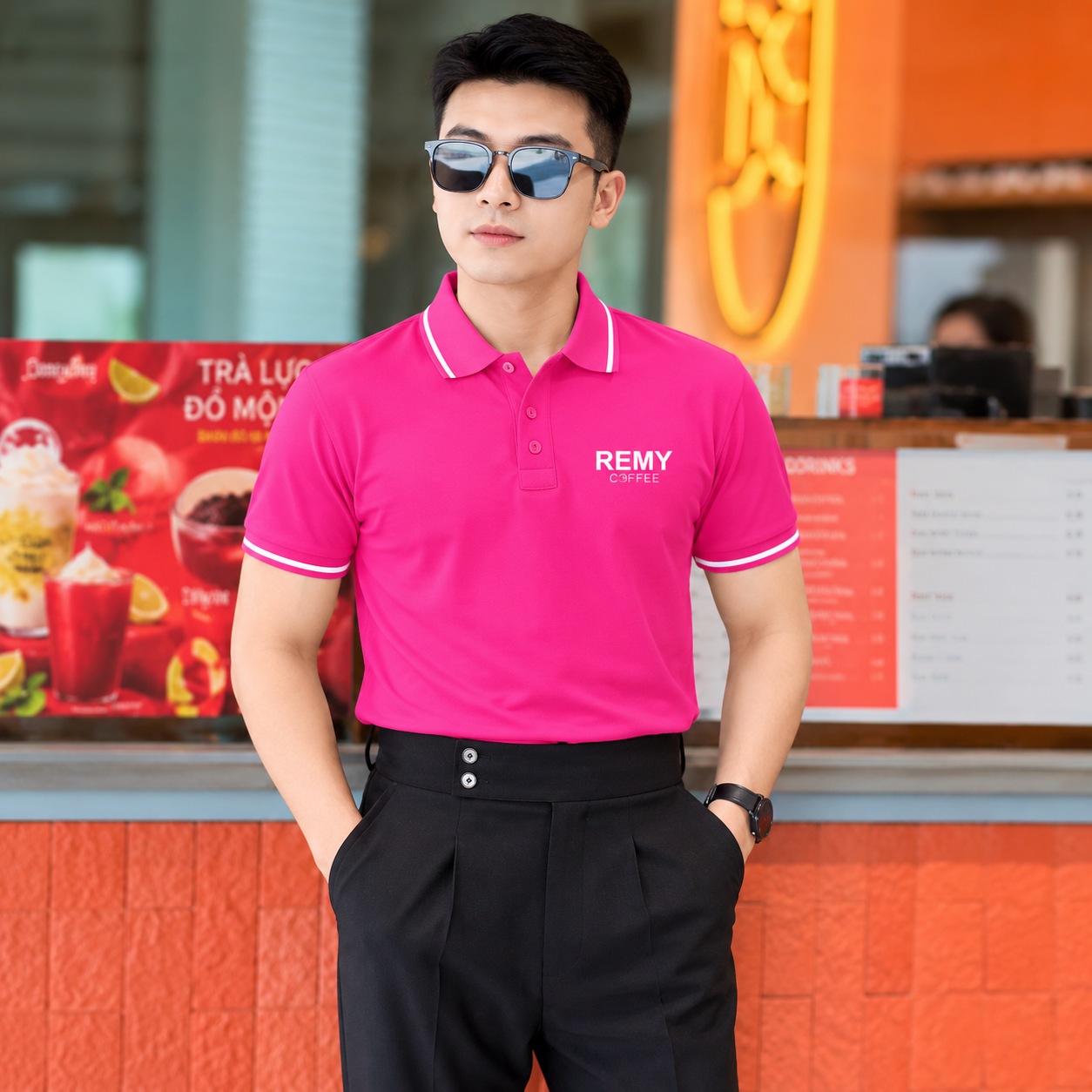 Người mẫu nam mặc áo polo đồng phục REMY COFFEE màu hồng phối quần âu đen