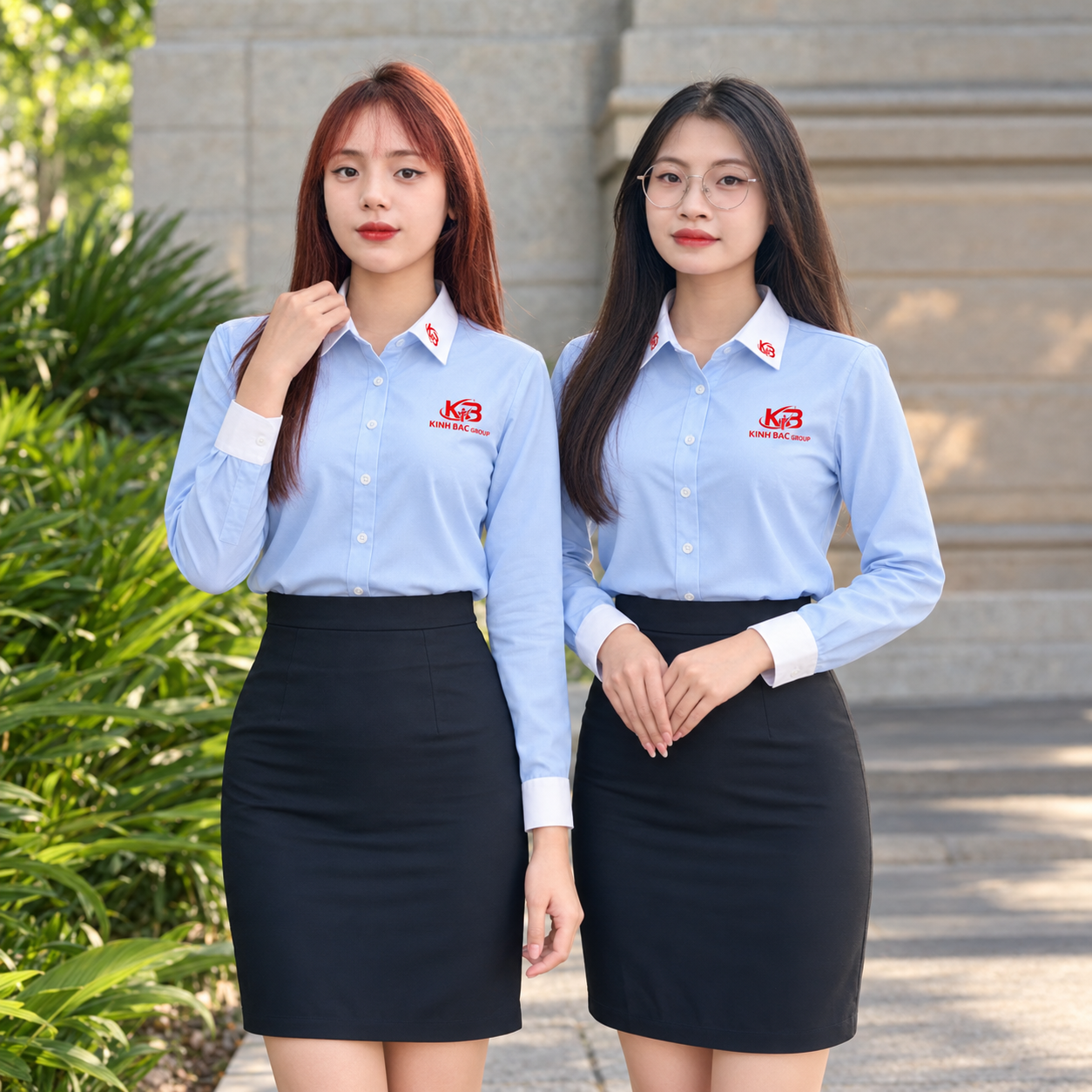 Áo sơ mi đồng phục nữ xanh nhạt phối cổ trắng thanh lịch