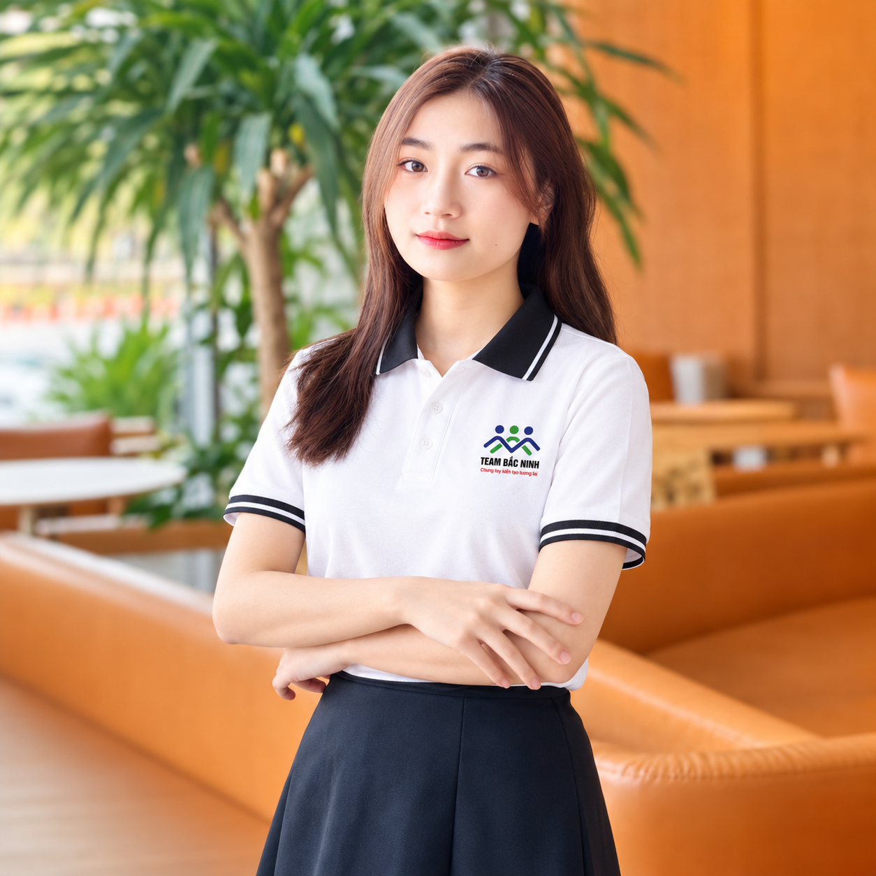 Hai người mẫu nữ mặc áo polo đỏ đô phối kem Team Bắc Ninh