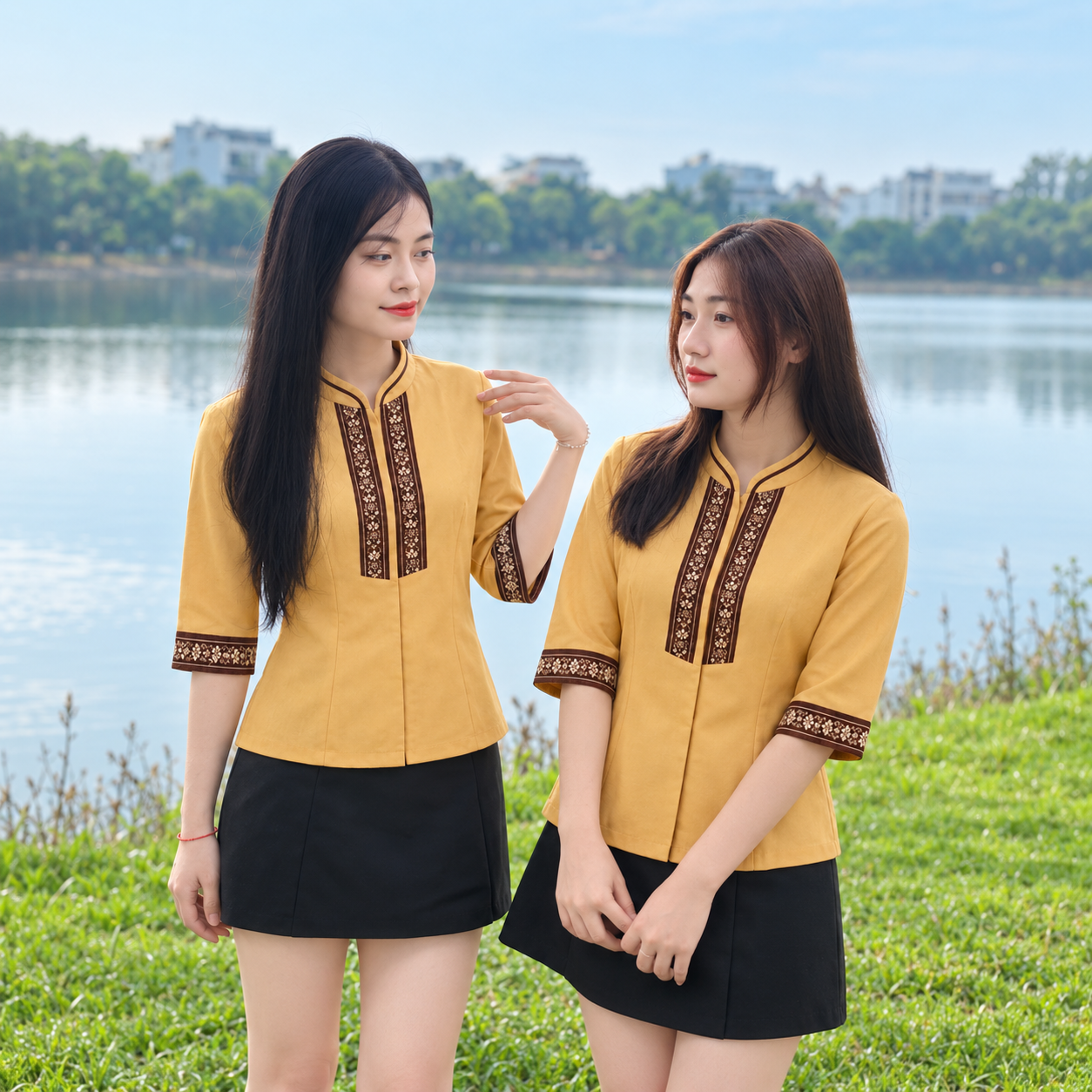 Hai người mẫu mặc áo đồng phục vàng cổ đứng viền hoa văn nâu phối chân váy đen 